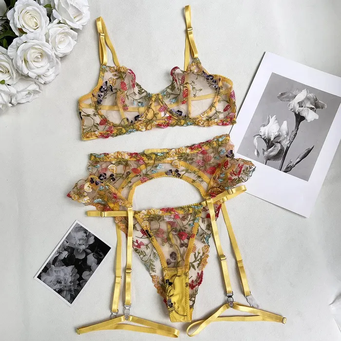 honeysx Female Sex Toys Floral Embroidery Ultra thin Transparent Sexy Bra suit Lingerie Set