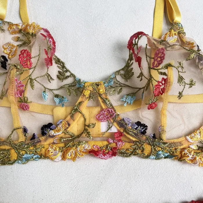 honeysx Female Sex Toys Floral Embroidery Ultra thin Transparent Sexy Bra suit Lingerie Set